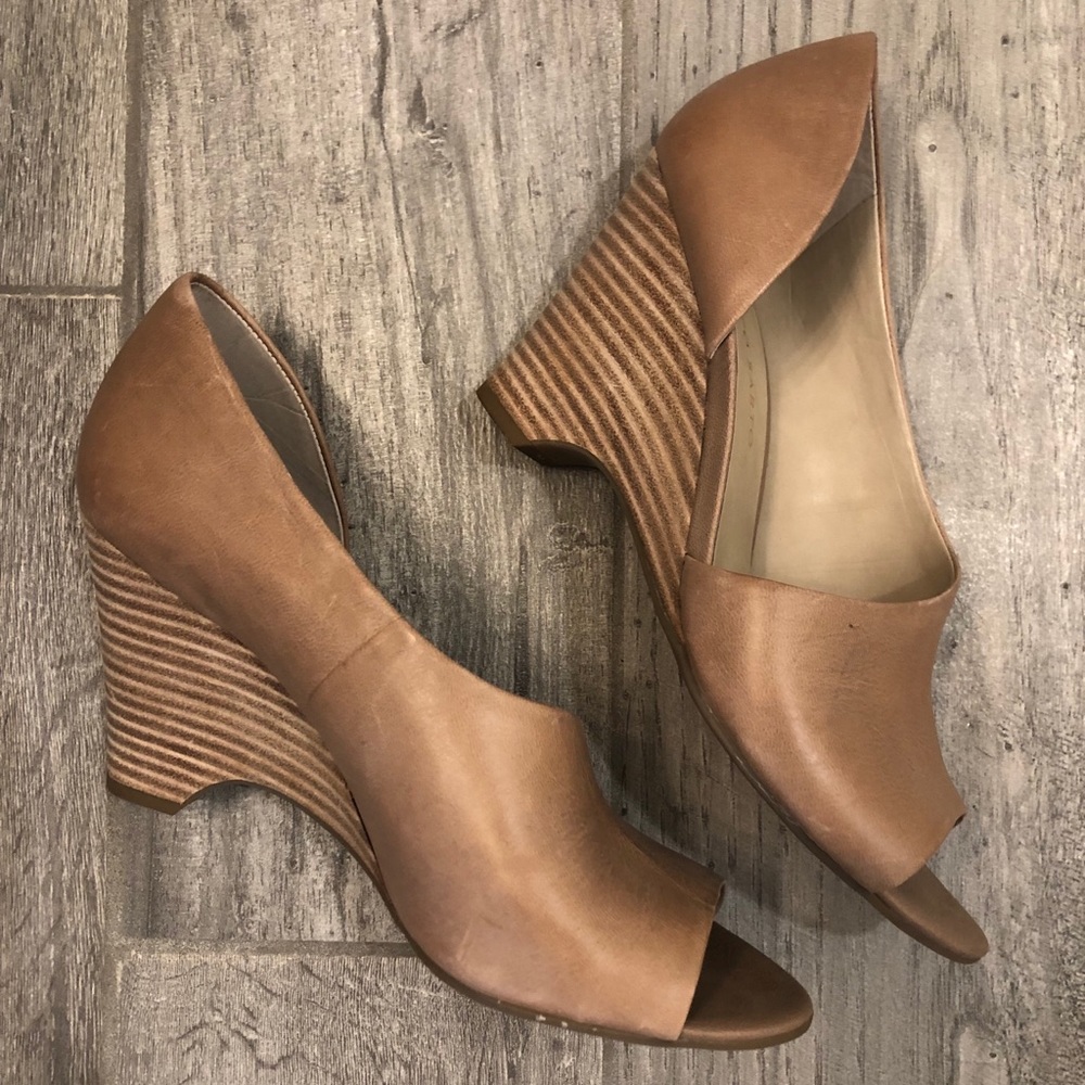 Franco Sarto Tan Peep Toe Open Side Wedges